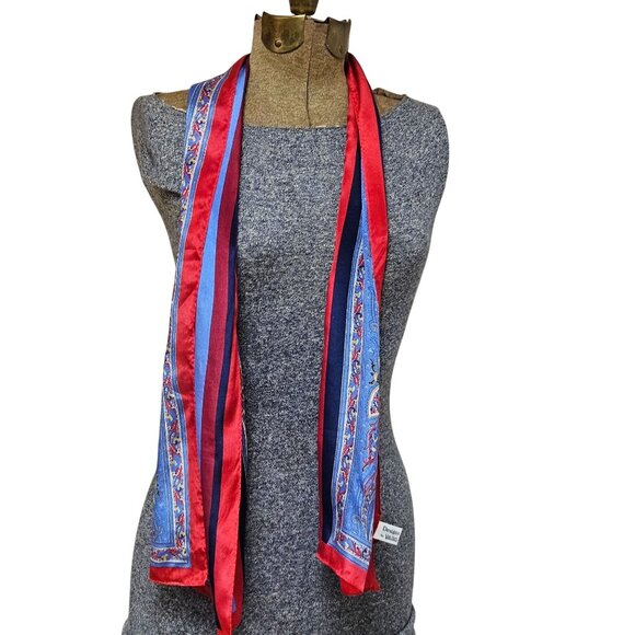 Vintage Designs By Van Horn Silk Long Scarf Paisley Striped Print Red Blue Japan - Picture 1 of 7